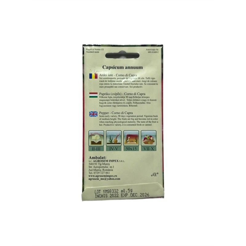 Seminte ardei iute Corno di Capra - 0.5 grame