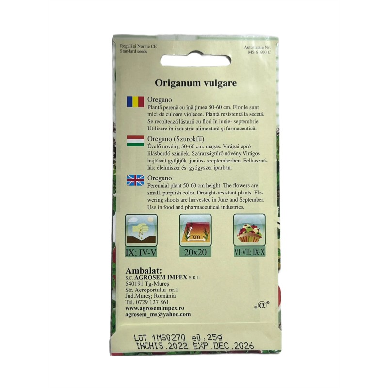Seminte Oregano Agrosem - 0.25 grame